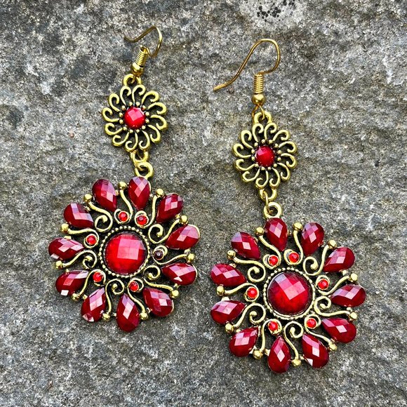 Red Flower Statement Drop Earrings - Picture 4 of 4